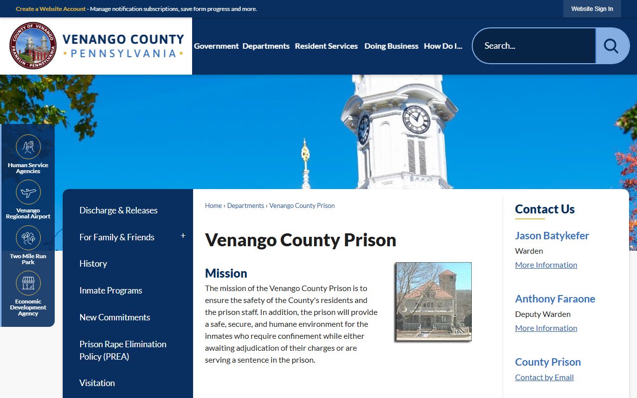 Venango County Prison inmate lookup facility page