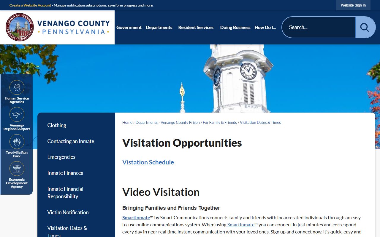 Venango County video visitation rules page